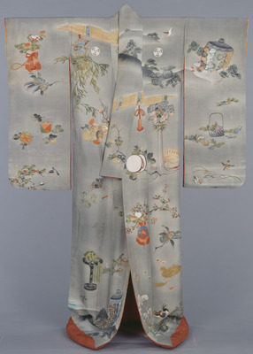 Uchikake (Formal Outer Robe) with Landscapes and Activities of the Four Seasons in Yuzen Dyeing and Embroidery on Grey Crepe (Chirimen) Ground Image