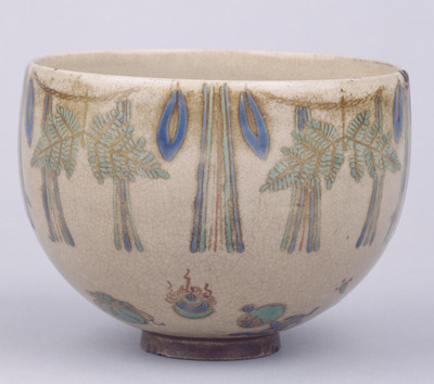 Kinkozan Tea Bowl with Pine, Bamboo, Plums, Sacred Straw Festoon, and Treasures in Overglaze Enamels Image