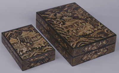 Inkstone Case and Stationery Box Set with Pavilion and Figures in Mother-of-Pearl Inlay on Black La Image